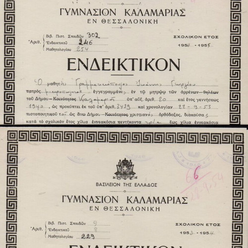 Annual report used of 23 students Gymnasium Kalamaria 1954-55