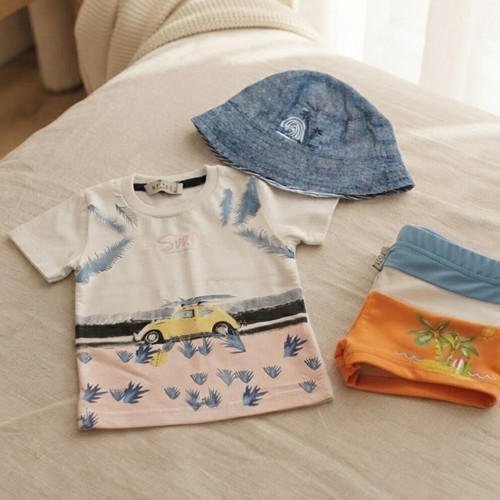 Baby summer set 6 months with Hashtag shirt, prenatal swimsuit, Orchestra hat like new