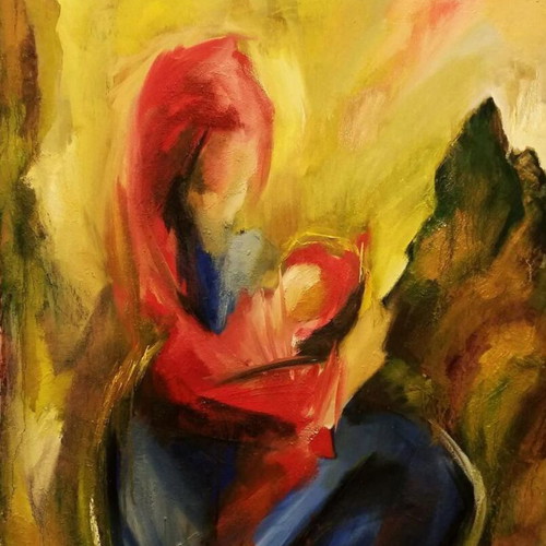 Original painting The Virgin of the Rocks mixed media on canvas 100x70cm like new