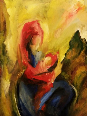 Original painting The Virgin of the Rocks mixed media on canvas 100x70cm like new