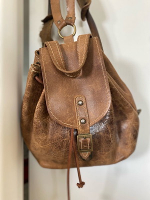 Leather backpack small used, tan color