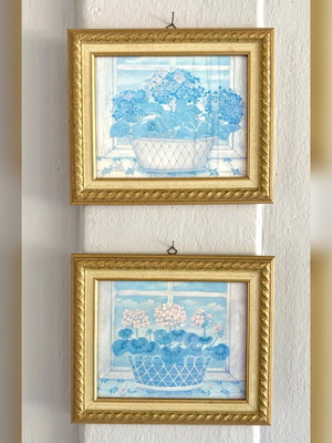 Set of 2 vintage engravings with hydrangea in gold frame new