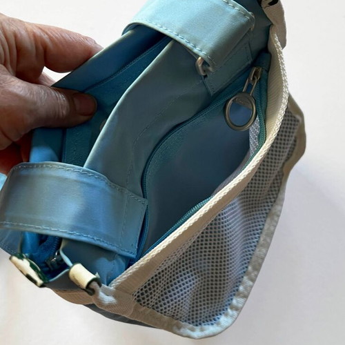 Lacoste shoulder bag vintage used, white and turquoise, waterproof fabric