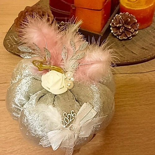 Handmade Large Velvet Pumpkin Lucky Charm 2026 in Silver Metallic Color