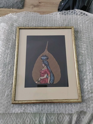 Framed hand-painted leaf artwork like new with wooden gold frame and glass