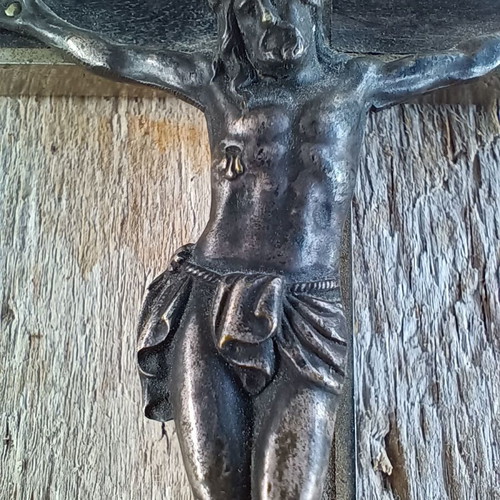 Antique Crucifix 13.2cm Used Habit Cross Solid Metal & Ebony