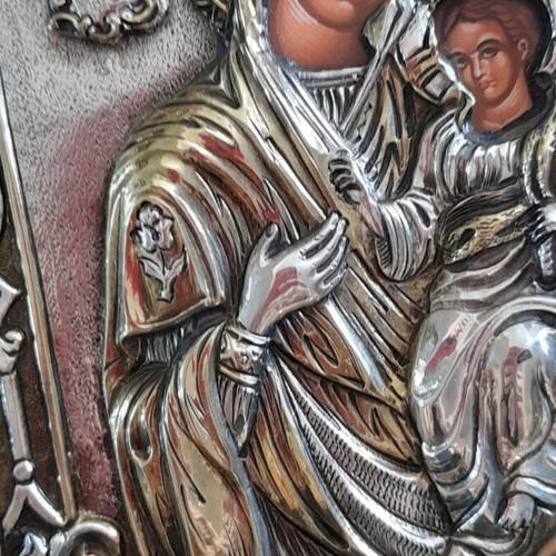 Icon Virgin Mary with Baby Jesus new, silver 950 and 24 carat gold, 16x19 cm