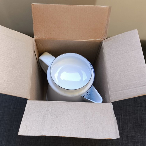 Vintage enamel coffee set with original box, pot and 4 mugs