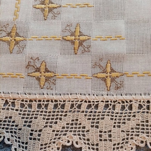 Handmade tablecloth unused embroidered with handmade lace