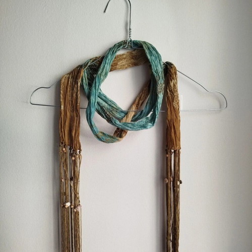 Scarf necklace boho style with long fringes and shells, like new