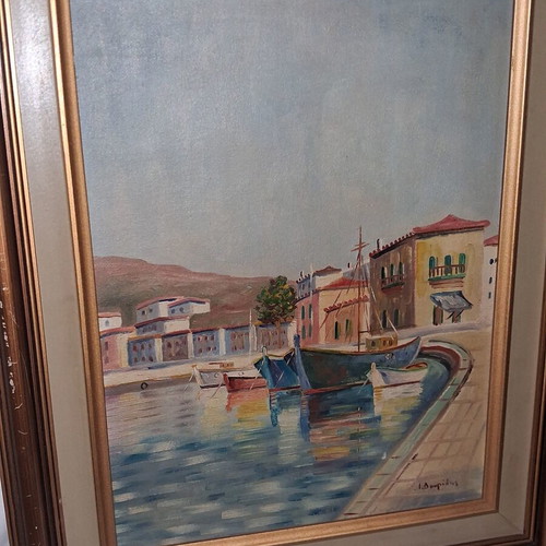 Yiannis Douridis Signed Oil Painting Seascape Greek Harbor
