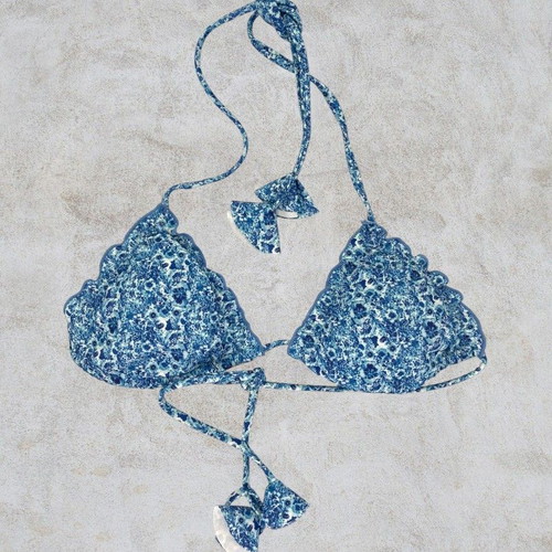 Pixie Swim triangle bikini top blue floral frill new
