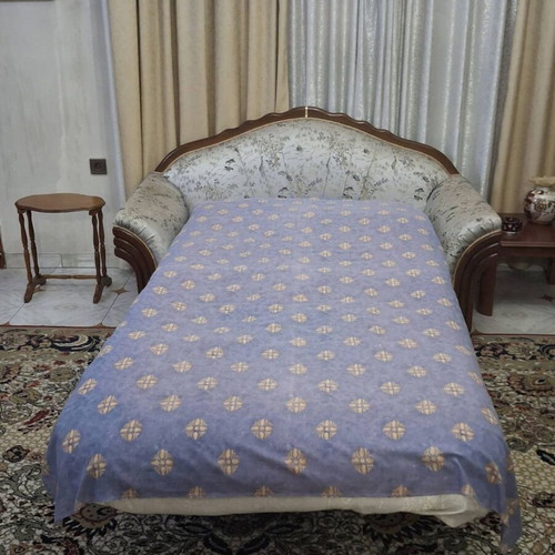 Sofa solid wood frame, two-seater with glossy fabric, converts to bed, like new