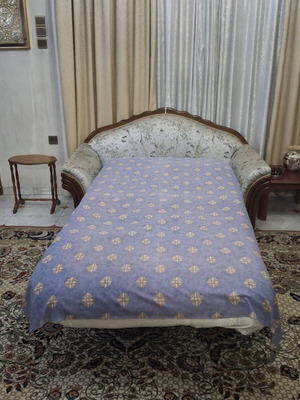 Sofa solid wood frame, two-seater with glossy fabric, converts to bed, like new