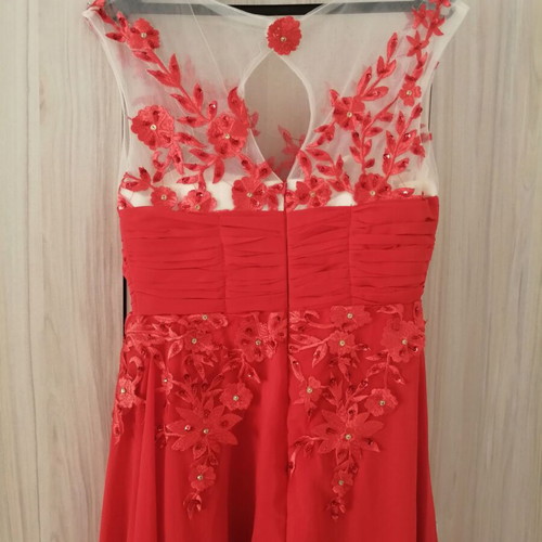 Elegant long red evening dress with floral embroidery and beads, size M