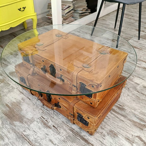 Vintage table with suitcases and round safety glass like new