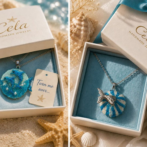 Handmade Two-Sided Necklace "Dolphins-Mermaid Tail" with Polymer Clay and Glass