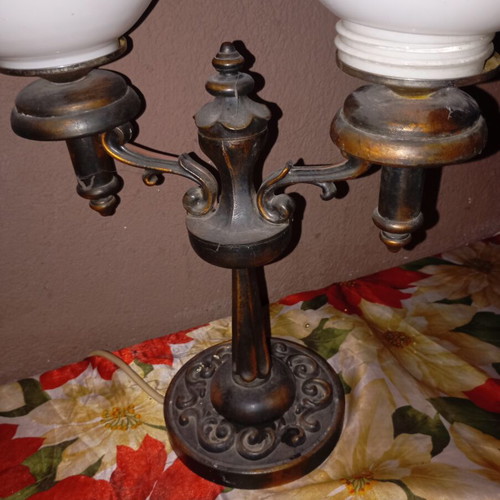 Vintage brass table lamp with two globe shades used, authentic handmade