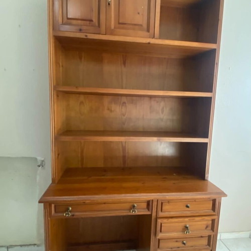 Large wooden bookcase desk used, warm natural wood tone