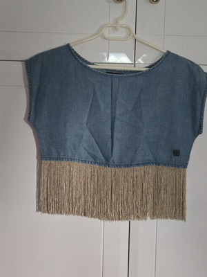 IMPERFECT Crop Top Denim with Beige-Gold Fringes, Size S