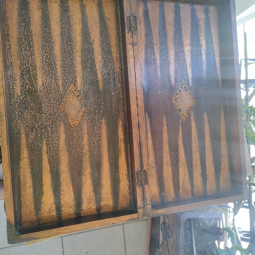 Handmade wooden backgammon and chess set used with copper inlay vintage