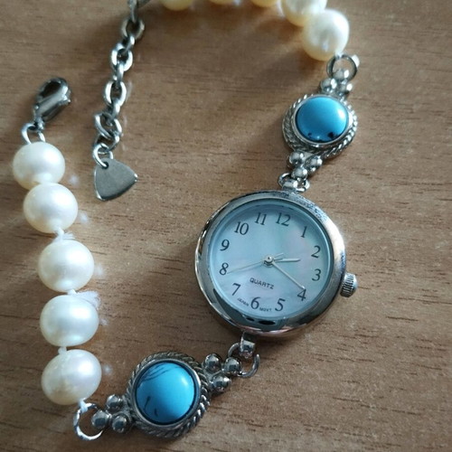 Quartz watch jewelry with freshwater pearls and semi-precious stones like new