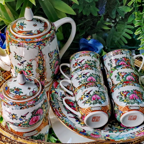 Vintage Chinese Rose Medallion porcelain tea set, handpainted