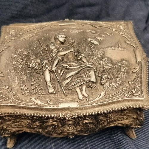Vintage boudoir set of 4 used antique jewelry boxes and hand mirror