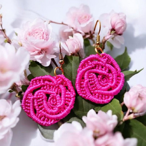 Handmade Boho Rose Micro Macrame Earrings made to order pink gold