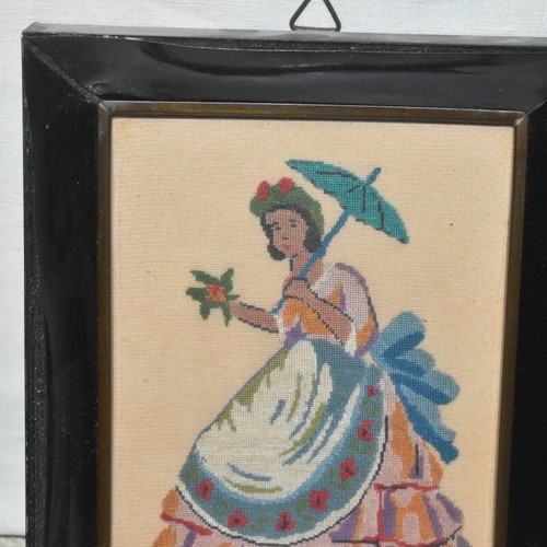 Vintage Handmade Embroidered Picture with Female Figure and Umbrella 14x17.5 cm used