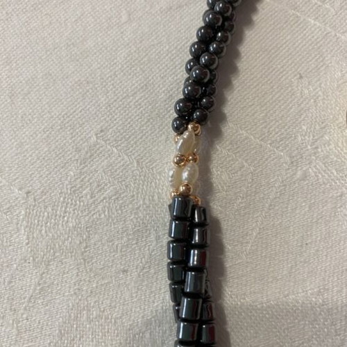 Vintage jewelry set hematite multi-strand necklace and mother of pearl clip earrings like new