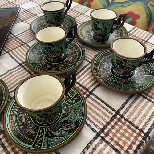 Ancient Greek coffee cups set like new, six pieces with saucers