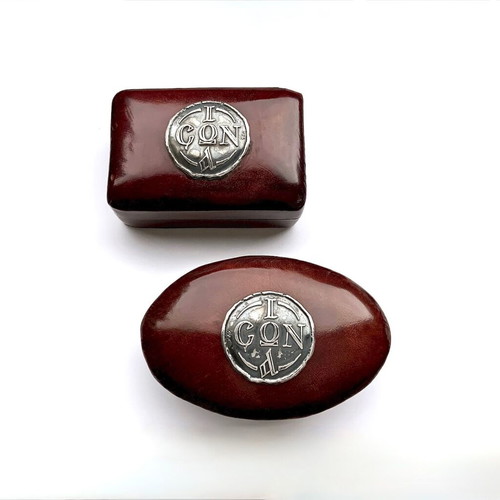 Set of 2 leather and 925 silver boxes with IASON inscription like new