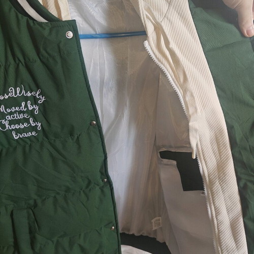 Men's puffer varsity jacket with hood, new, green and white