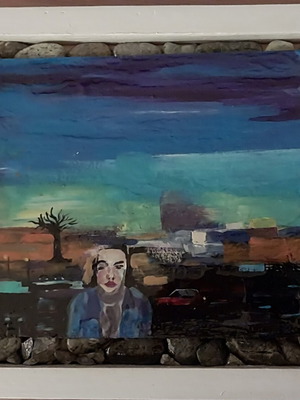 Untitled acrylic painting on cardboard with resin and stones
