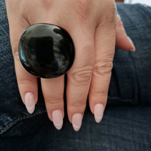 Black ring large impressive, new, plastic, size 55-56