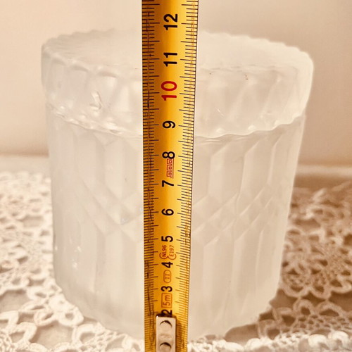 Frosted glass jar with diamond pattern and scalloped rim