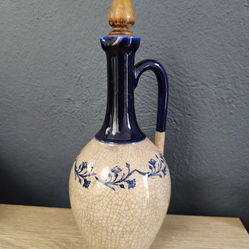 Vintage ceramic jug carafe used, blue-beige with wooden stopper