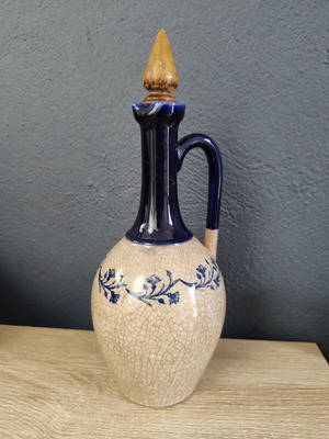 Vintage κεραμική κανάτα καράφα μεταχειρισμένη, μπλε-μπεζ με ξύλινο πώμα