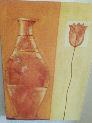 Decorative canvas art used, flower in vase, warm earth tones 50x35 cm