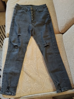 Shein high-waisted jeans like new, charcoal with distressed details
