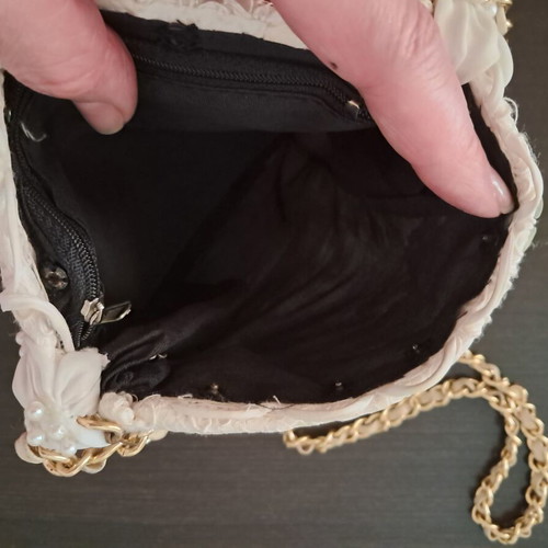 Vintage handmade crossbody bag with lace, pearls and gold chain like new, white