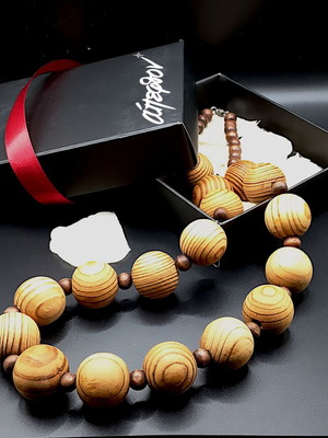 Ξύλινο χειροποίητο κολιέ καινούργιο, Boho σχέδιο, 69cm, καφέ-κίτρινο