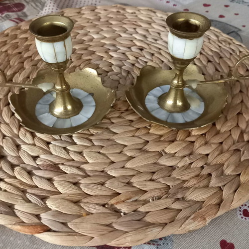 Set of brass candlesticks used, beautifully decorated