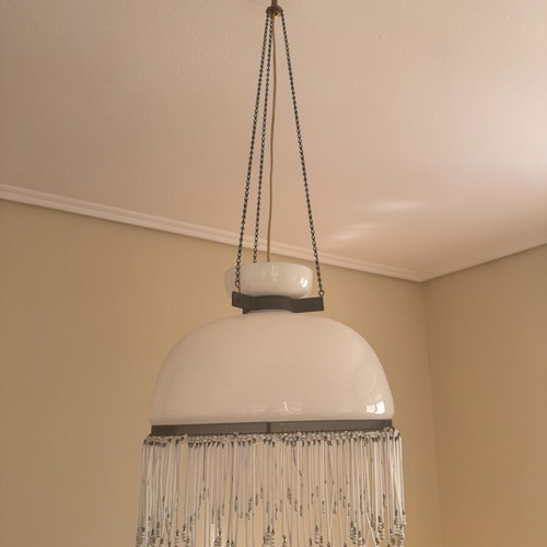 Opaline ceiling light white with bead fringes like new