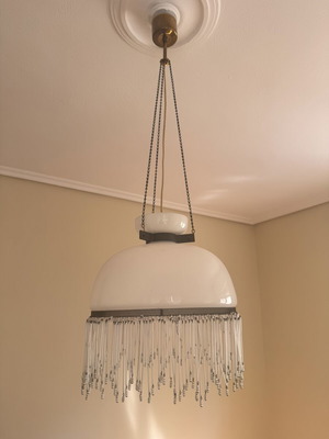 Opaline ceiling light white with bead fringes like new