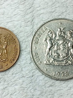 South African coins used, set of 2, 1978 2 cent and 1 rand