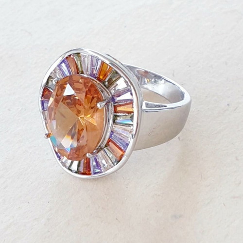 Oval Stainless Steel Ring with Multicolored Cubic Zircon Stones like new