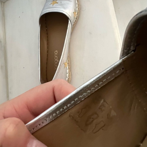 Eva Longoria leather espadrilles size 37 silver with gold embroidery, like new