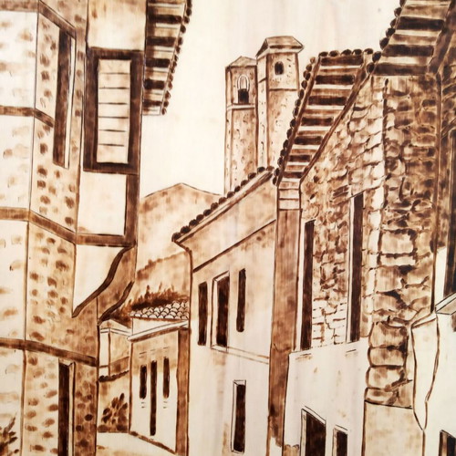 Paradosiakes Geitonies 4 Woodburning Painting on Birch Wood